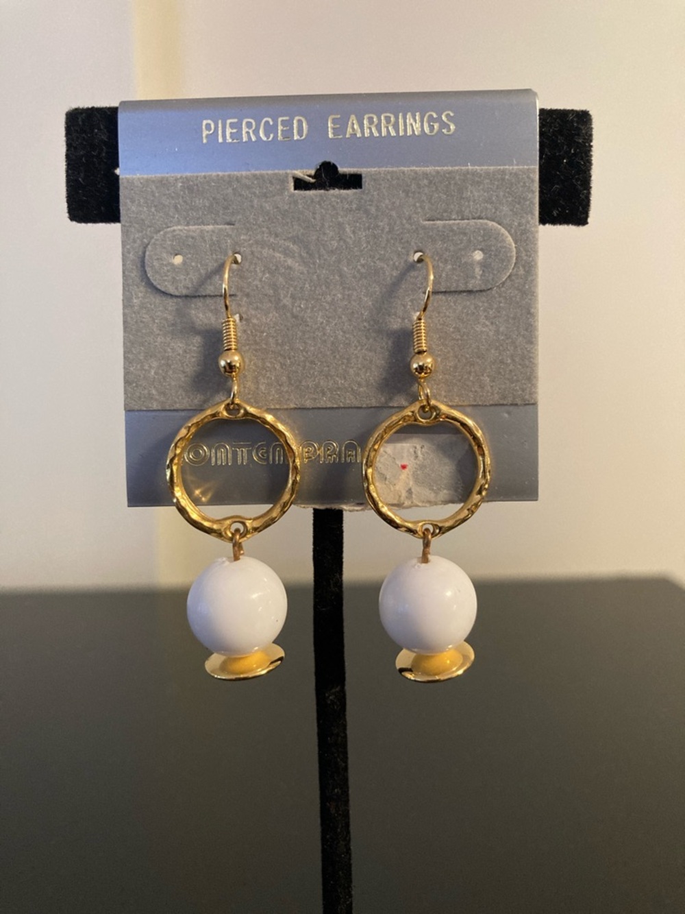 Gold Hoop Drop Earrings with White Bead